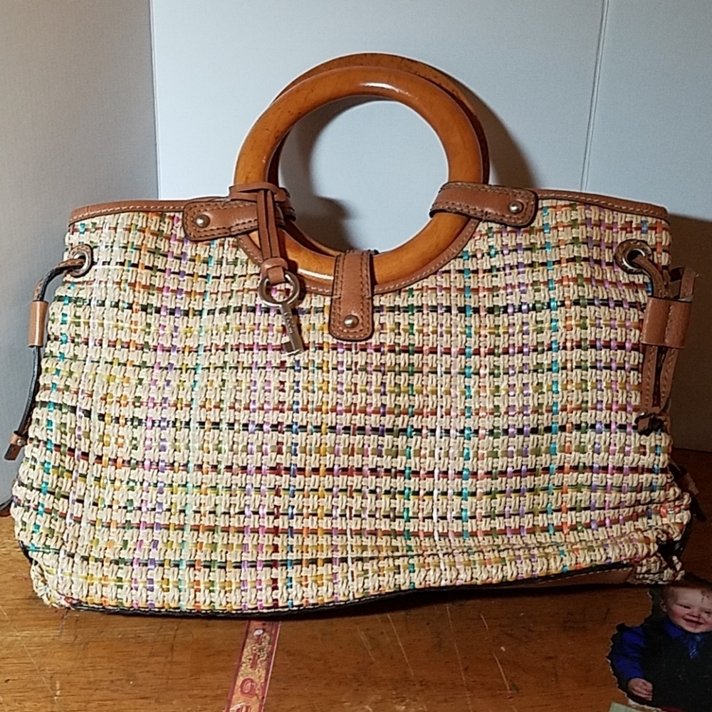 Fossil Weave & Wood Purse 14x4x8